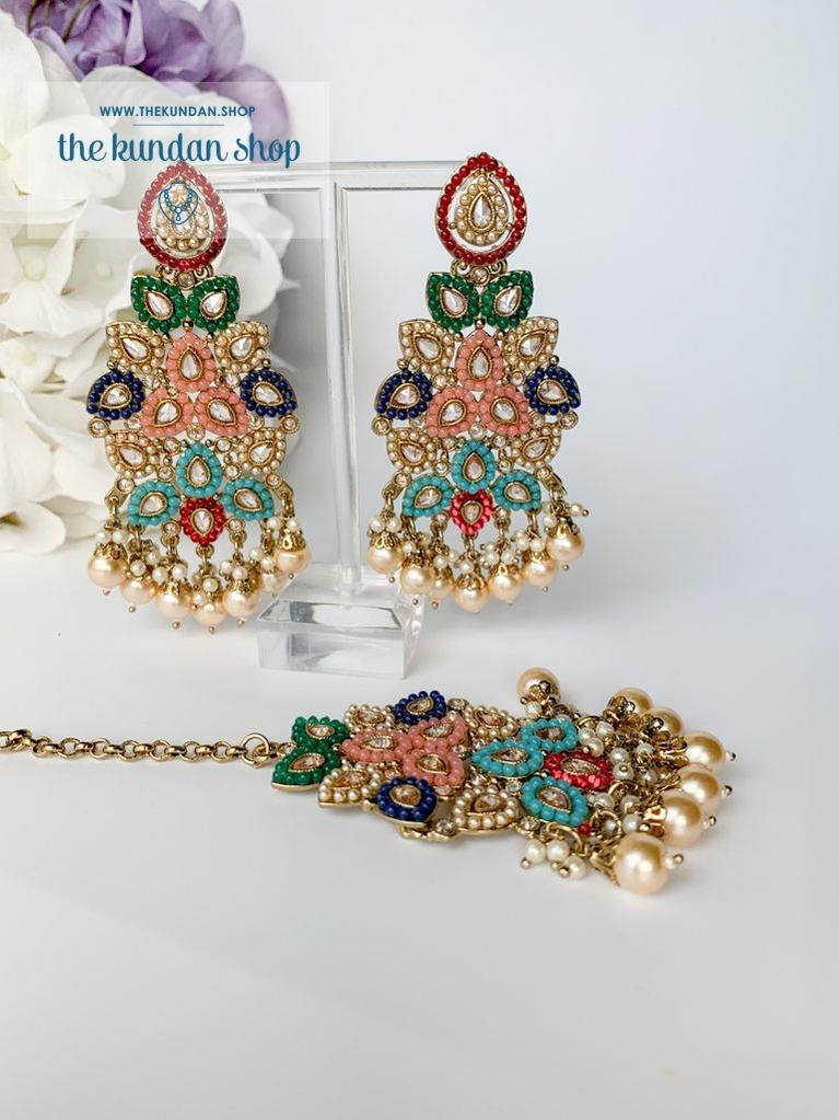 Plentiful in Multi Earrings + Tikka THE KUNDAN SHOP 