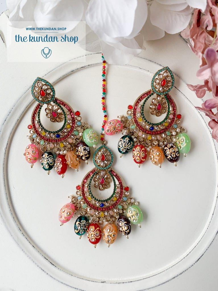 Devoted in Multi Earrings + Tikka THE KUNDAN SHOP 