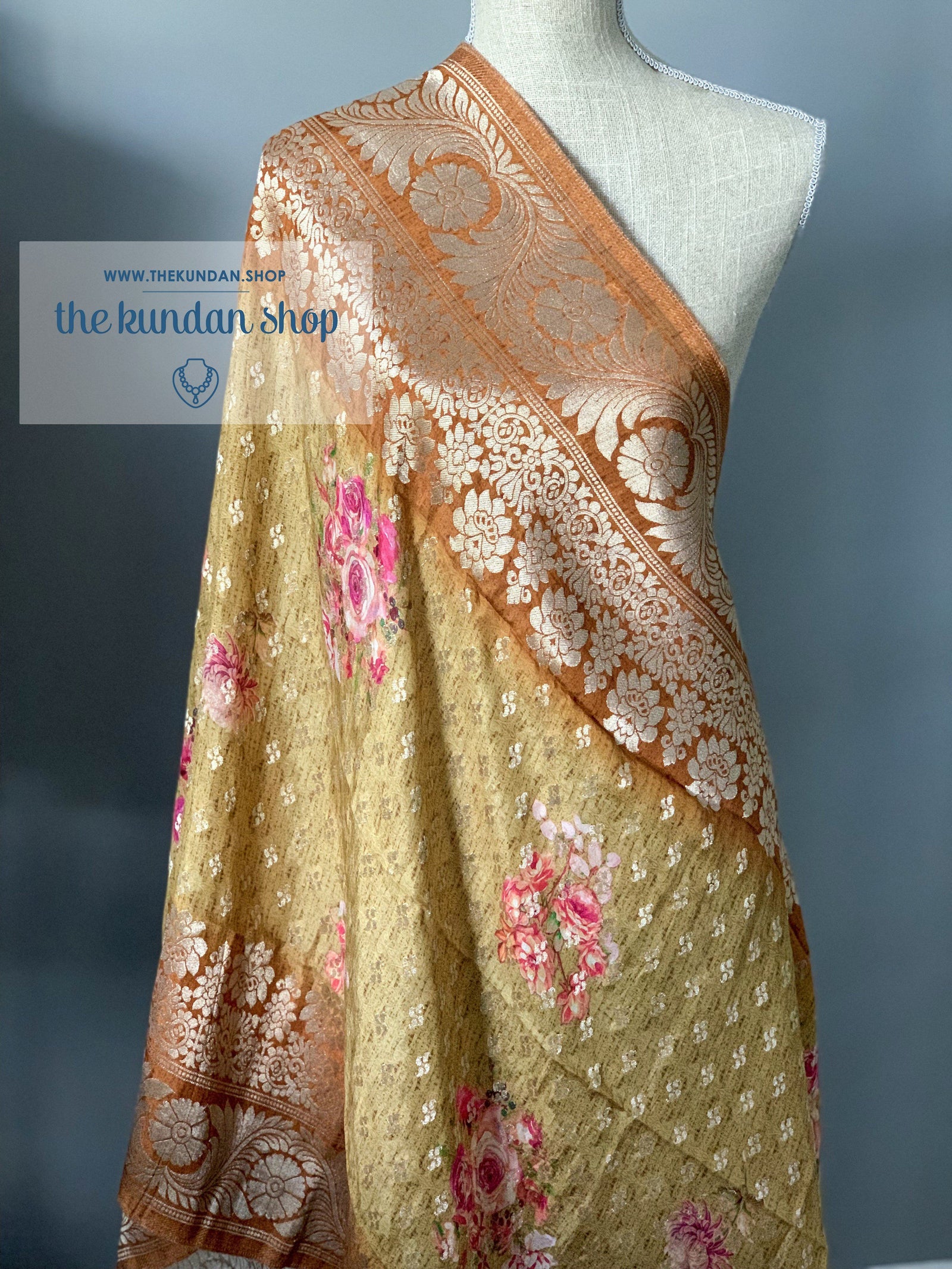 Banarsi Floral - Mustard Yellow, Dupatta - THE KUNDAN SHOP