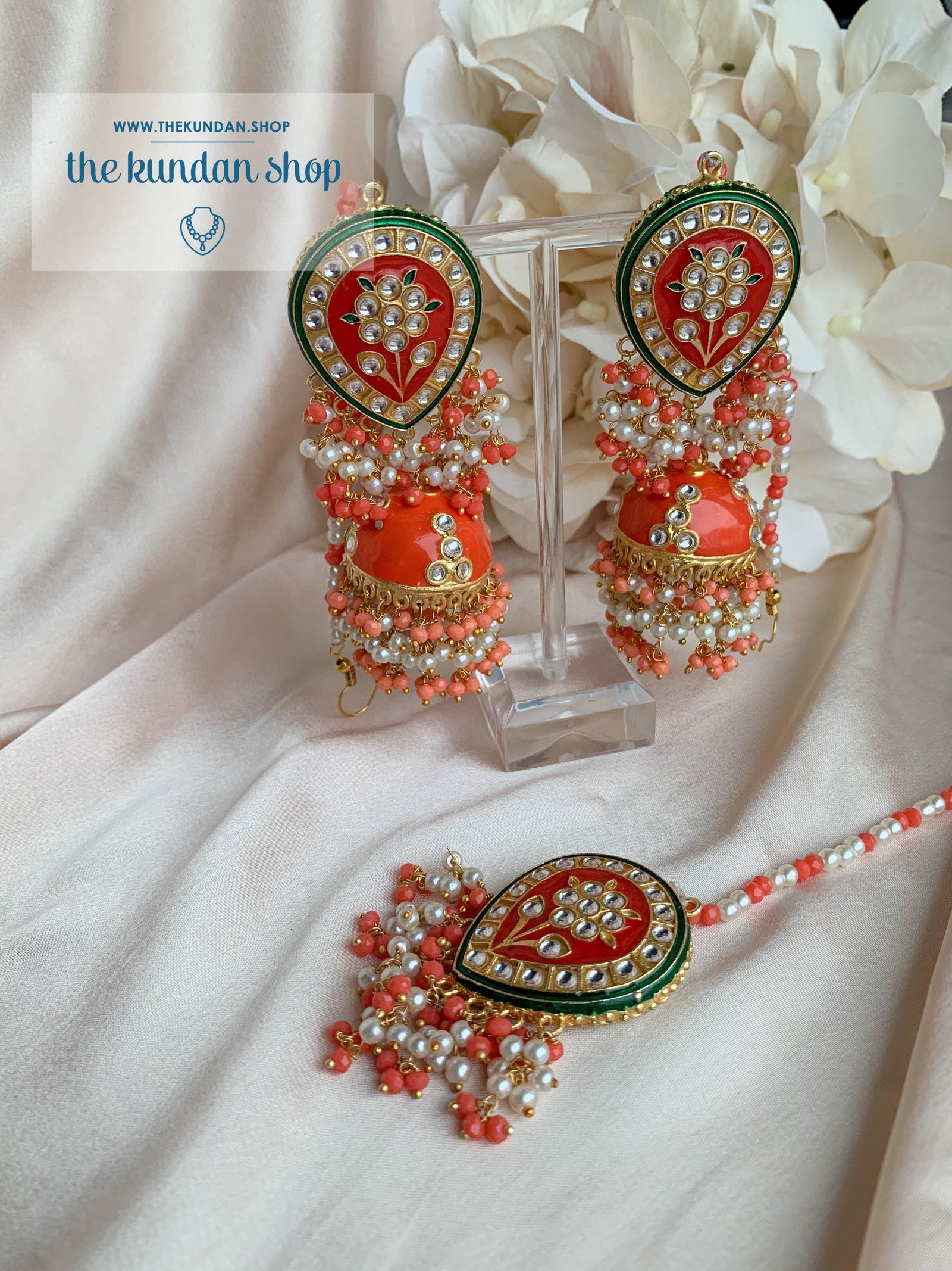 Ironic in Orange Coral Earrings + Tikka THE KUNDAN SHOP 