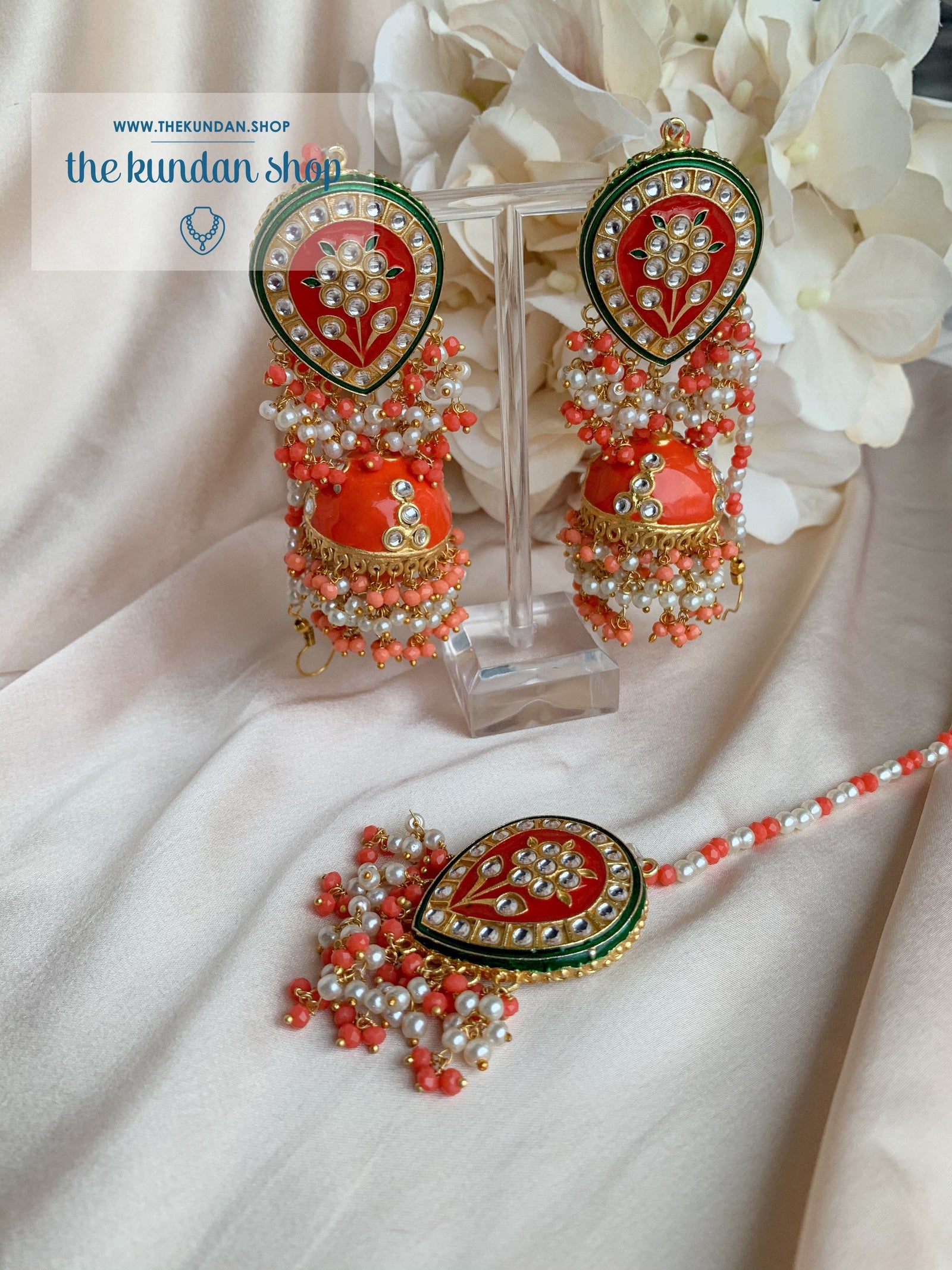 Ironic in Orange Coral Earrings + Tikka THE KUNDAN SHOP 