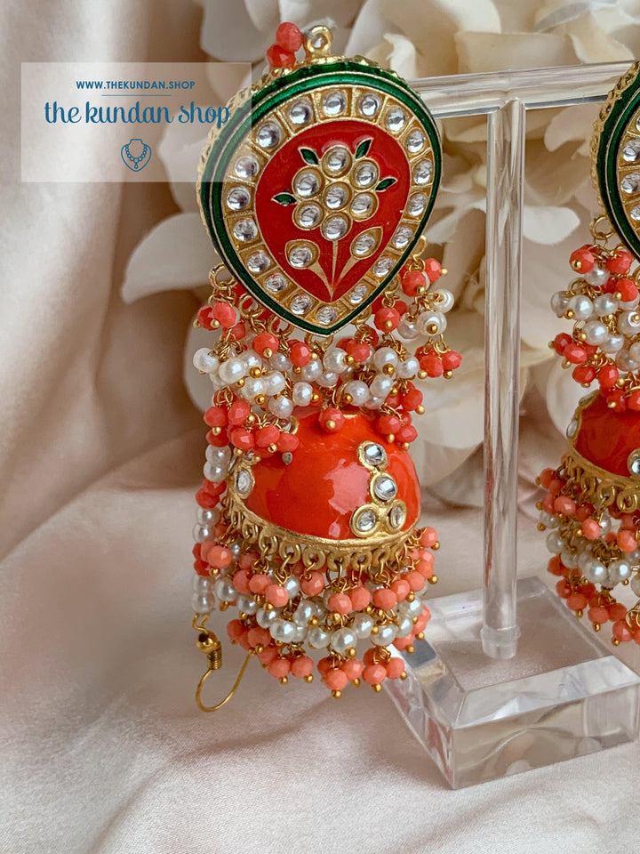 Ironic in Orange Coral Earrings + Tikka THE KUNDAN SHOP 