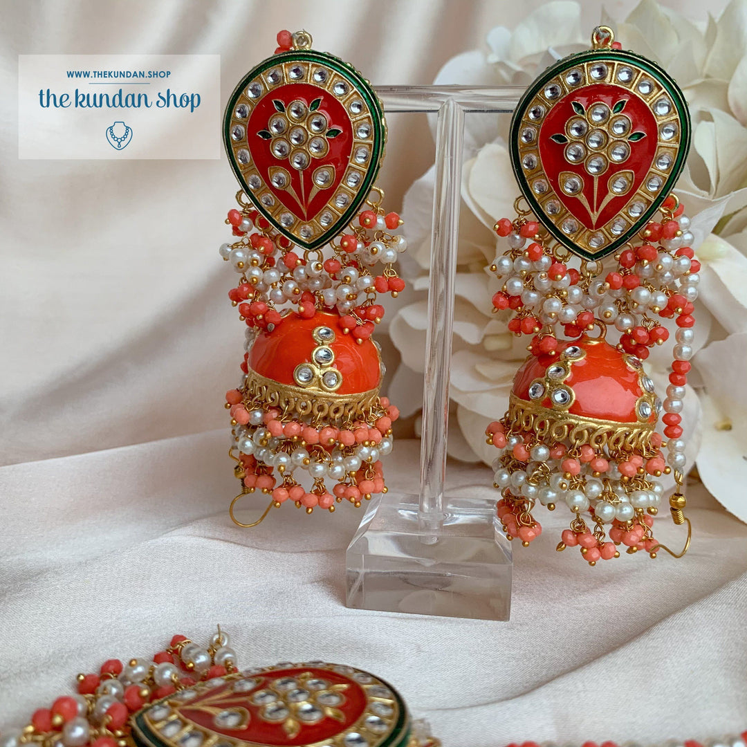 Ironic in Orange Coral Earrings + Tikka THE KUNDAN SHOP 