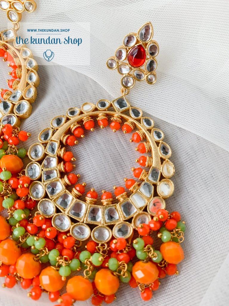 Aura in Orange & Dark Green Earrings + Tikka THE KUNDAN SHOP 