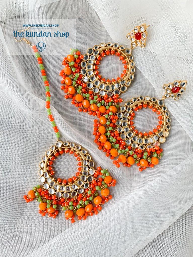 Aura in Orange & Dark Green Earrings + Tikka THE KUNDAN SHOP 