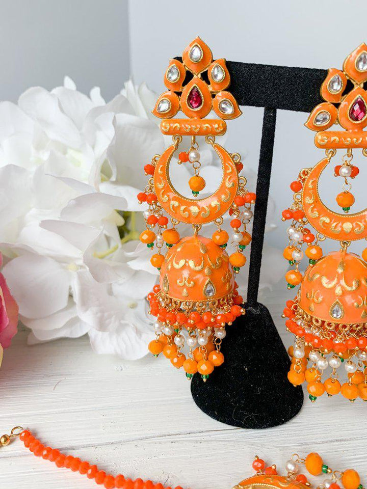 Persuasive in Orange Earrings + Tikka THE KUNDAN SHOP 