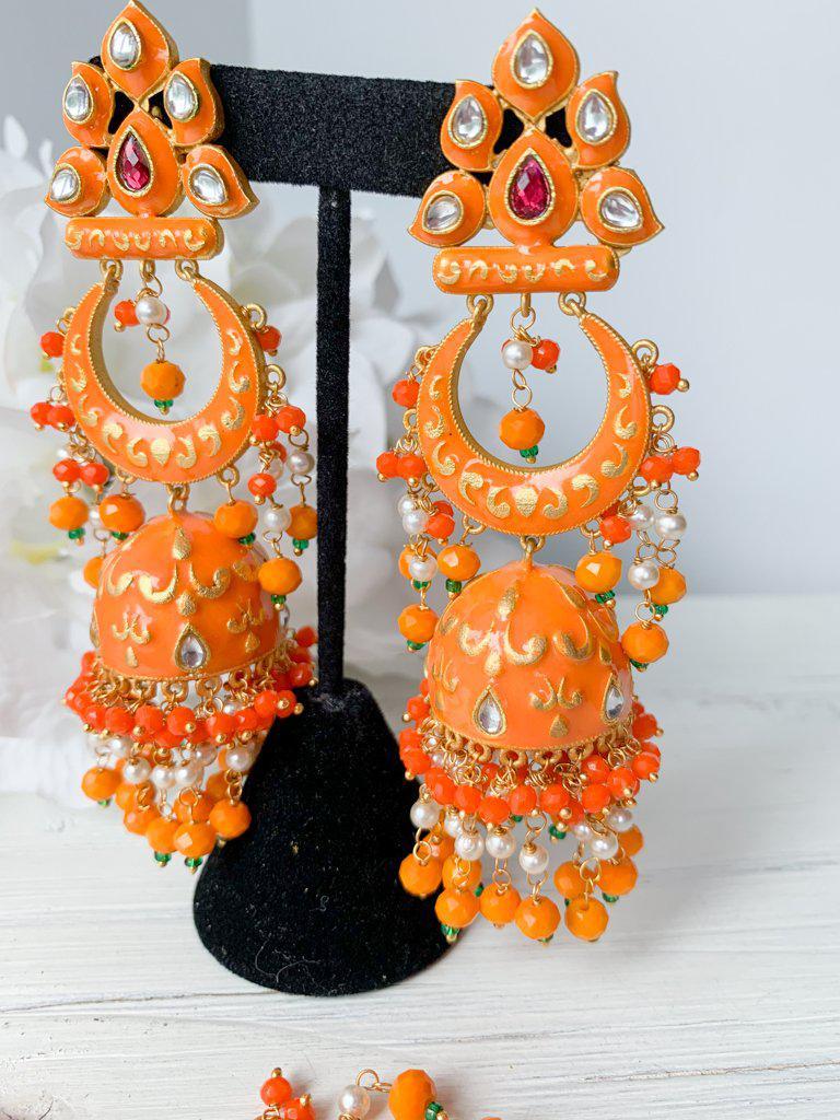 Persuasive in Orange Earrings + Tikka THE KUNDAN SHOP 