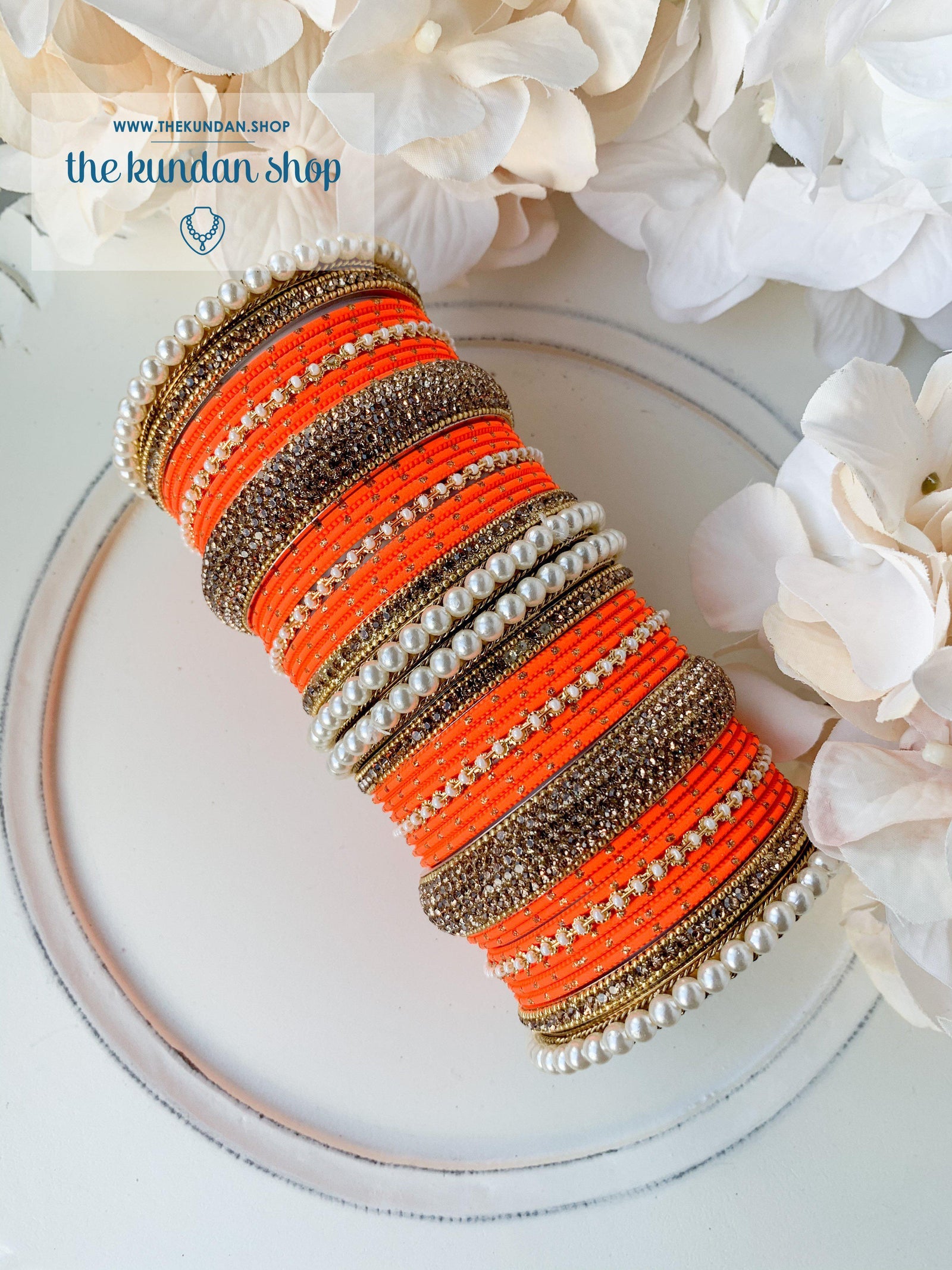 Pearl & Rhinestone Bangles in Orange Bangles THE KUNDAN SHOP 