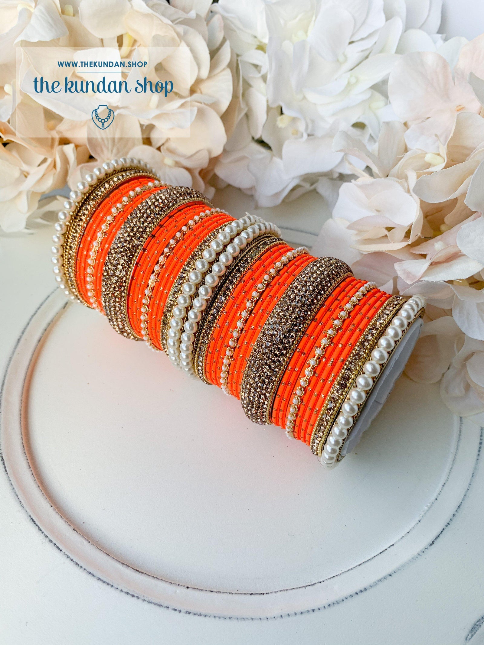 Pearl & Rhinestone Bangles in Orange Bangles THE KUNDAN SHOP 