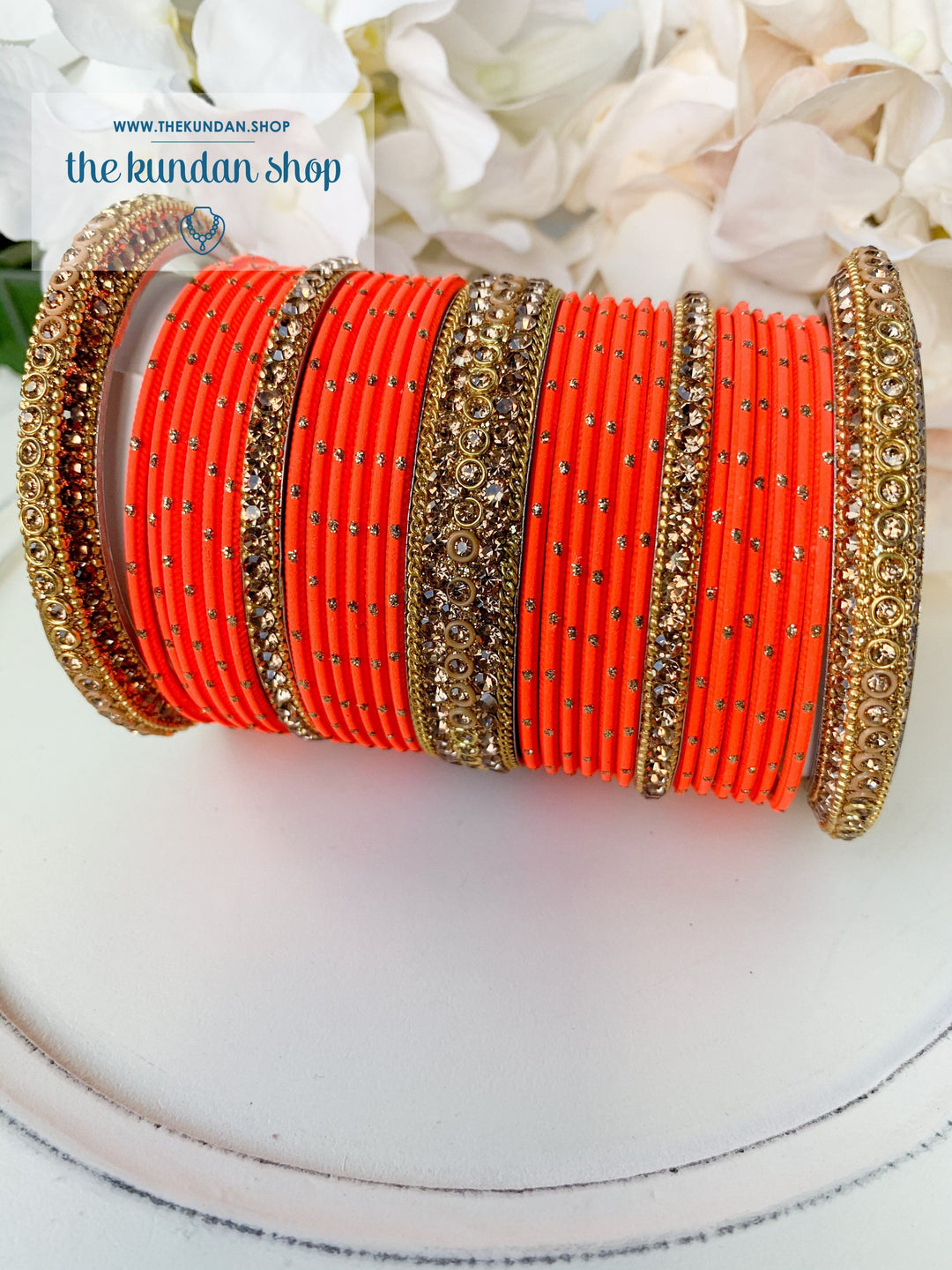 Rhinestone & Dotted Bangles in Orange Bangles THE KUNDAN SHOP 