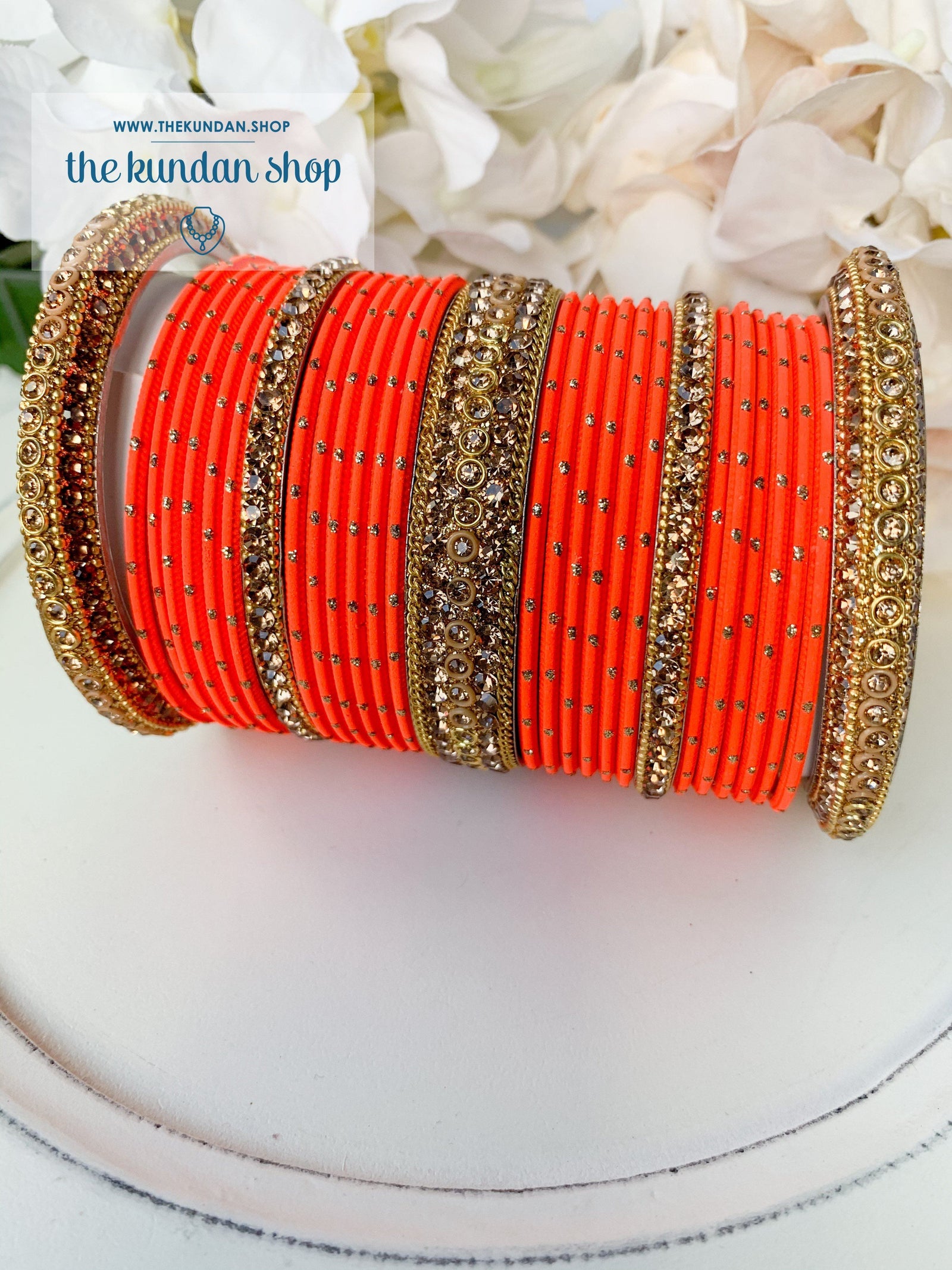 Rhinestone & Dotted Bangles in Orange Bangles THE KUNDAN SHOP 