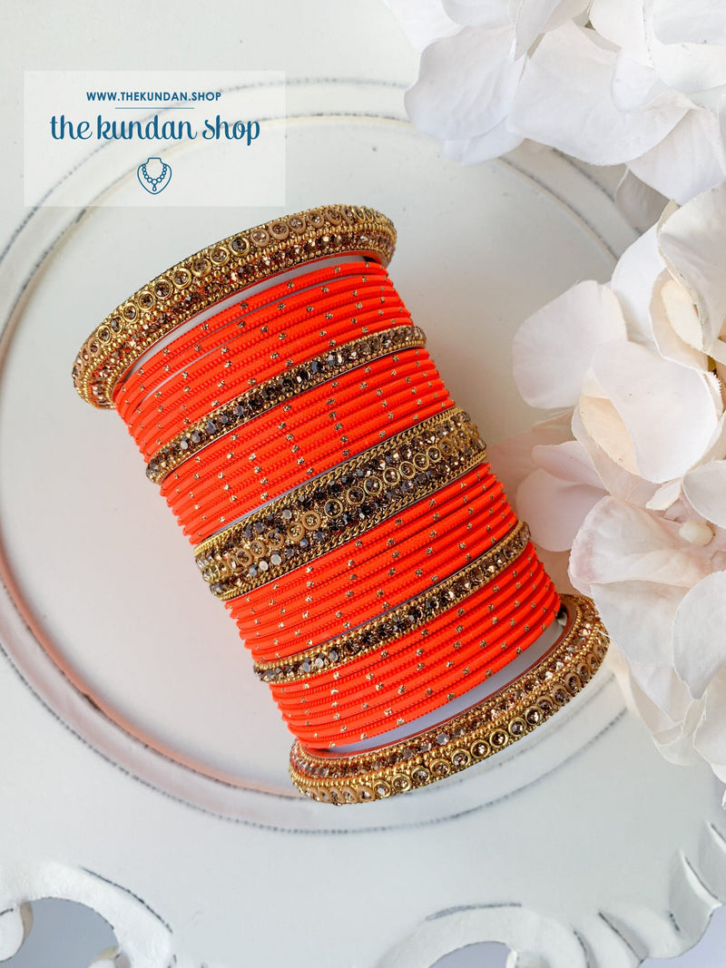 Rhinestone & Dotted Bangles in Orange Bangles THE KUNDAN SHOP 