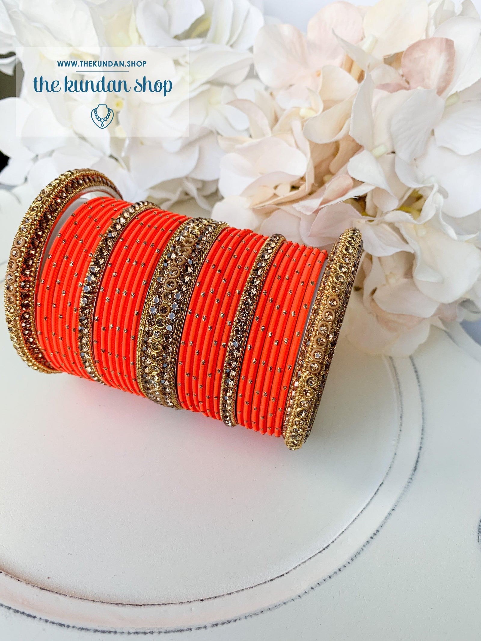Rhinestone & Dotted Bangles in Orange Bangles THE KUNDAN SHOP 