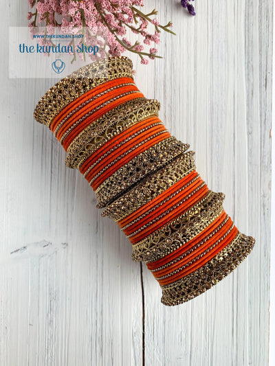 Orange Velvet & Bronze Bangle Set Bangles THE KUNDAN SHOP 