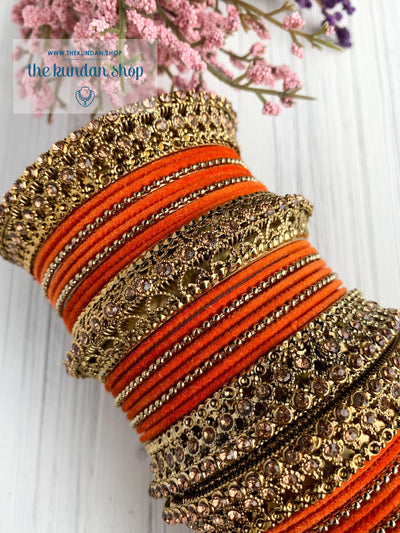 Orange Velvet & Bronze Bangle Set Bangles THE KUNDAN SHOP 