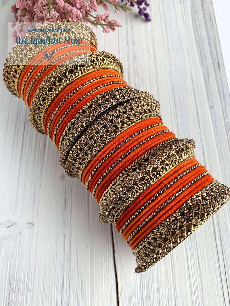 Orange Velvet & Bronze Bangle Set Bangles THE KUNDAN SHOP 