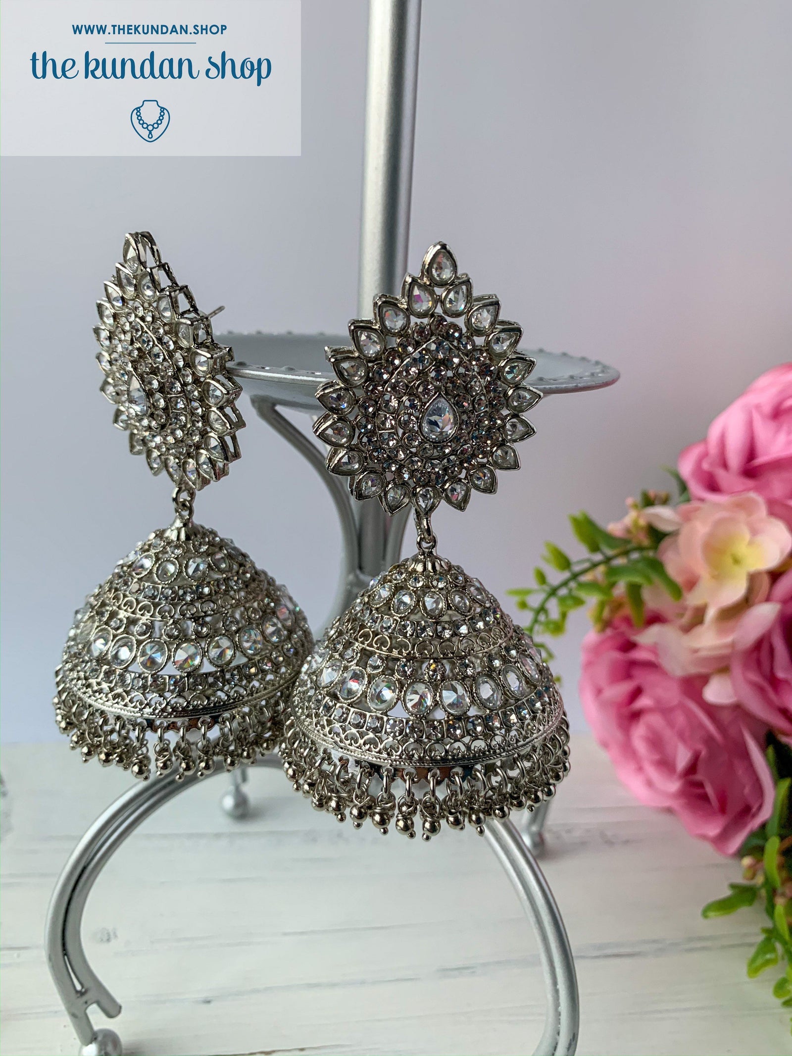 Jhumka in Stone - Silver, Earrings + Tikka - THE KUNDAN SHOP