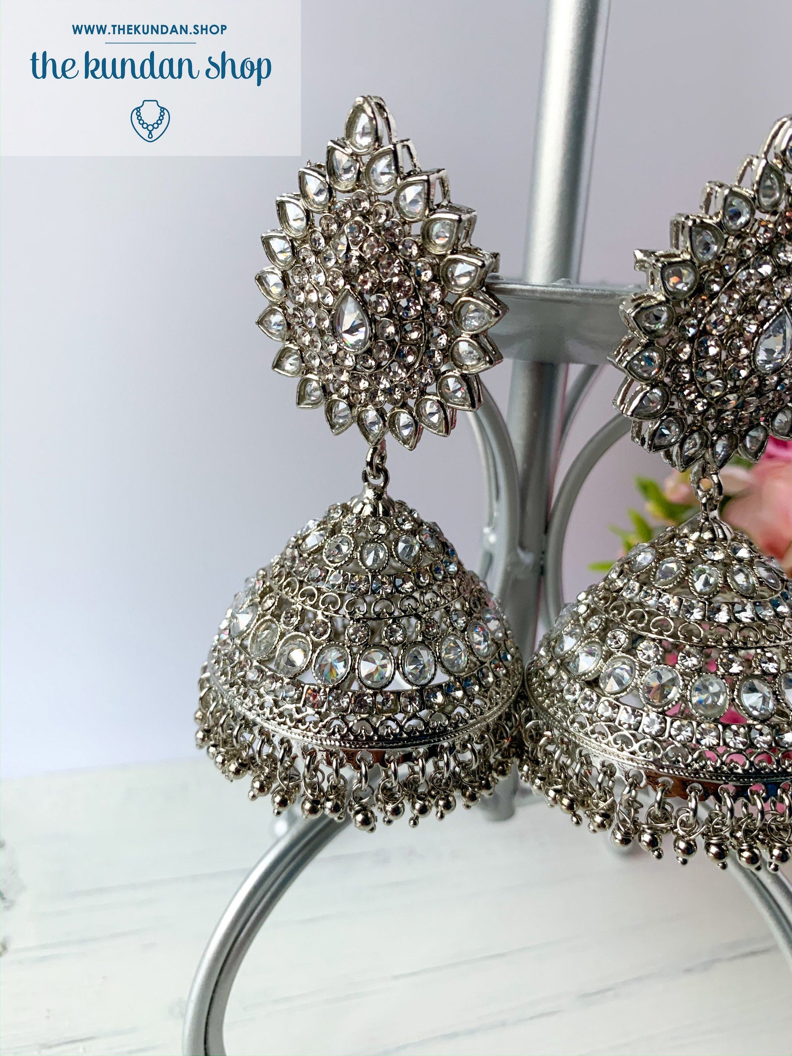 Jhumka in Stone - Silver, Earrings + Tikka - THE KUNDAN SHOP
