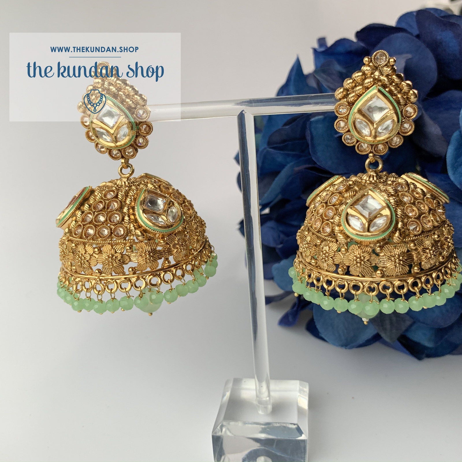 Entourage Jhumkis in Mint, Earrings - THE KUNDAN SHOP