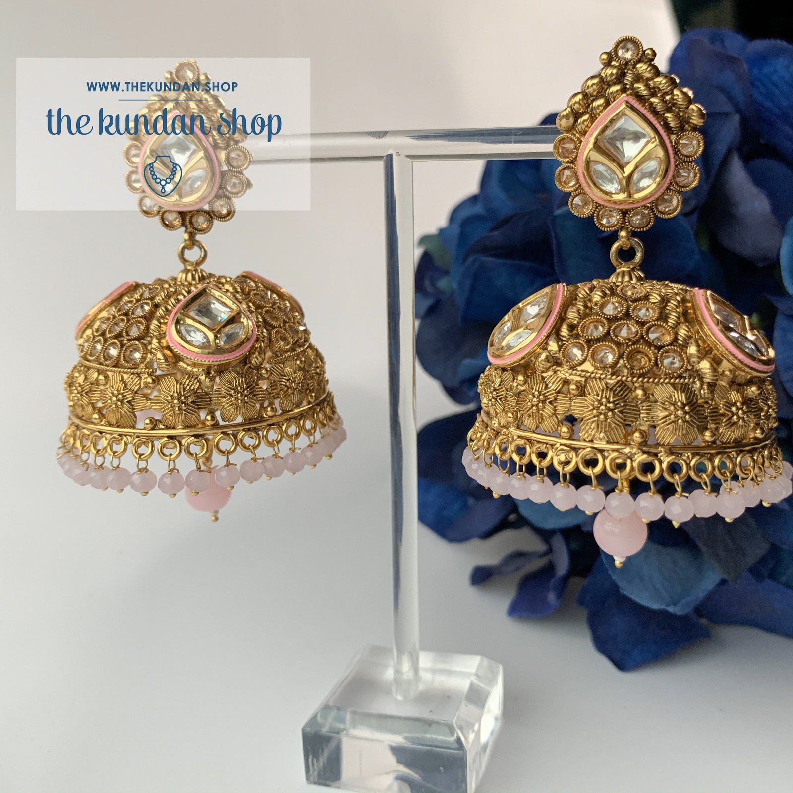 Entourage Jhumkis in Light Pink, Earrings - THE KUNDAN SHOP