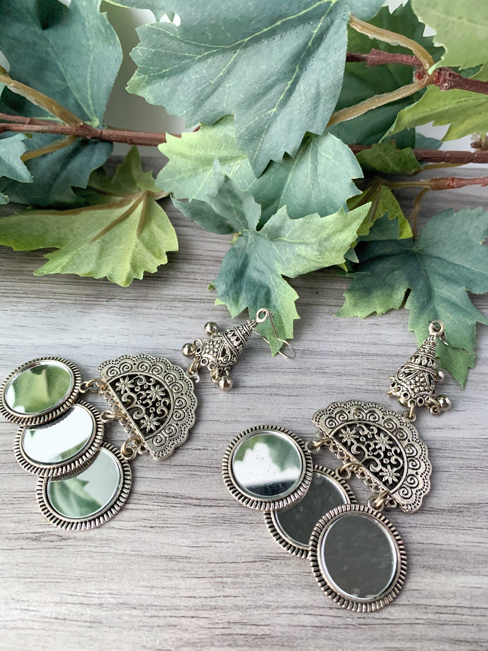 Silver Series - Hanging Mirrors, Earrings - THE KUNDAN SHOP