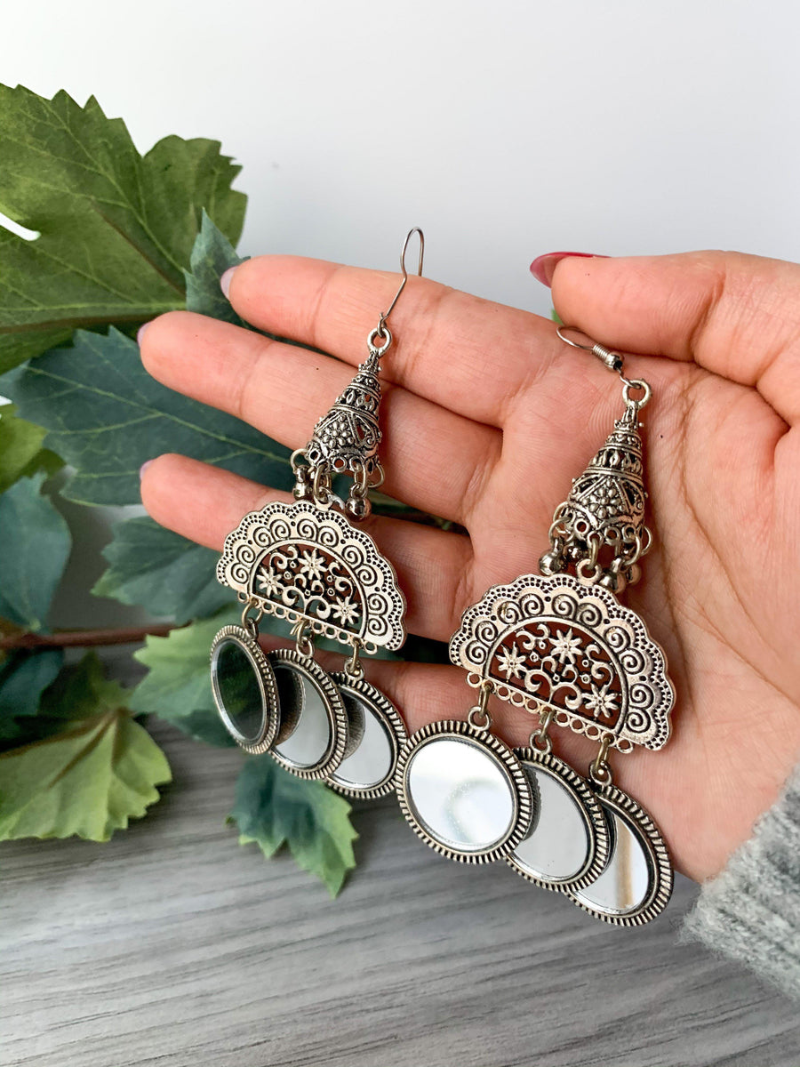 Silver Series - Hanging Mirrors, Earrings - THE KUNDAN SHOP