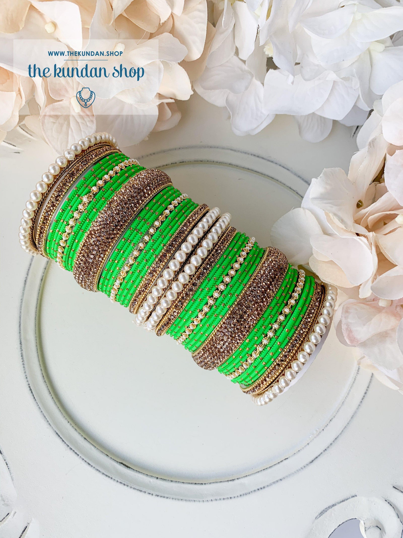 Pearl & Rhinestone Bangles in Parakeet Green Bangles THE KUNDAN SHOP 