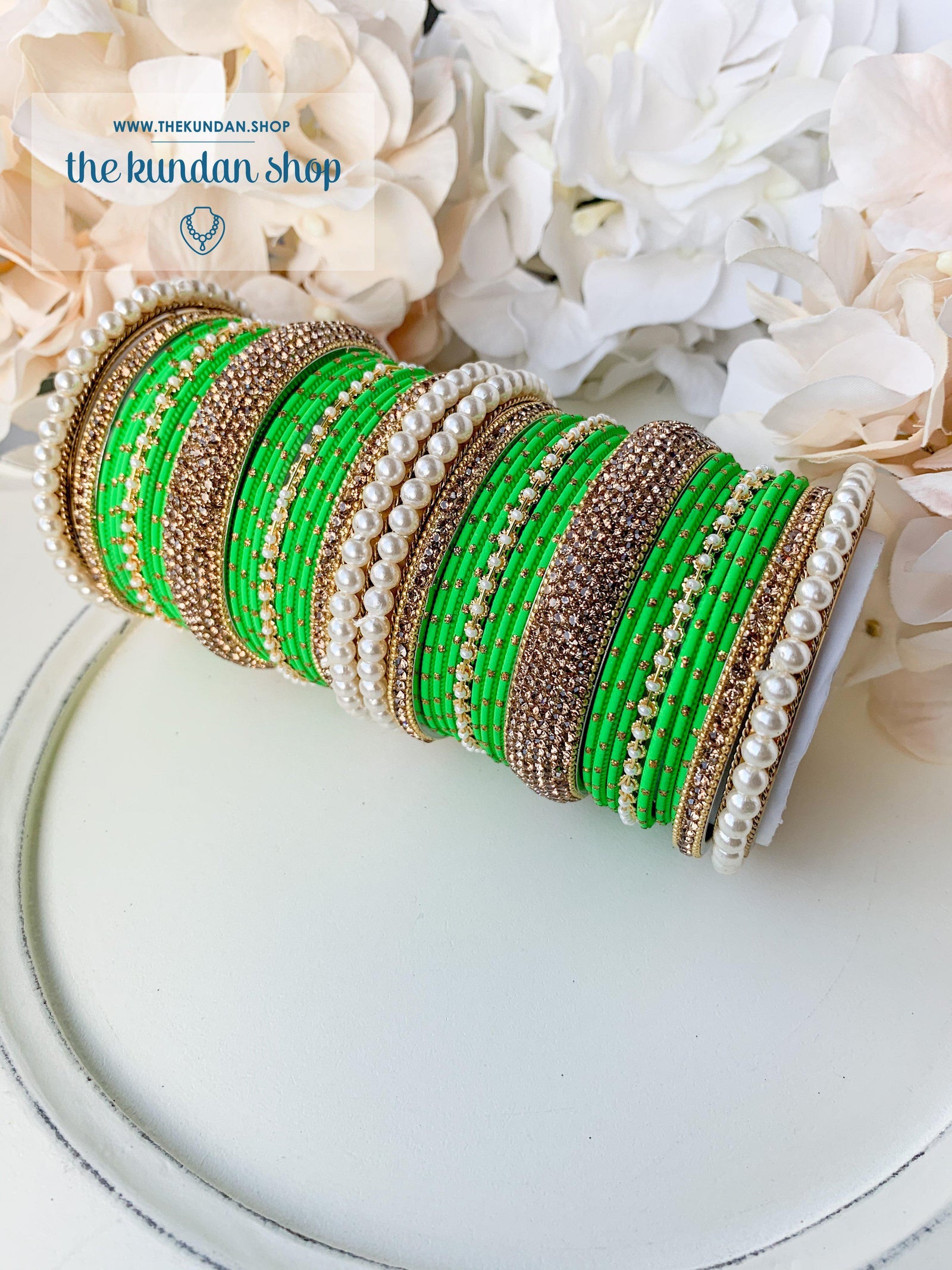 Pearl & Rhinestone Bangles in Parakeet Green Bangles THE KUNDAN SHOP 