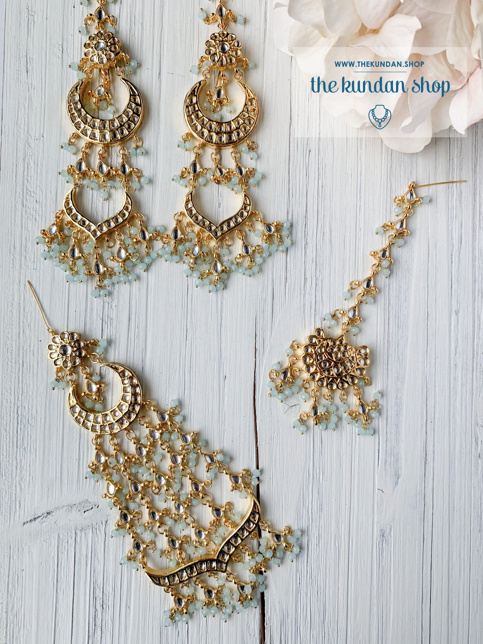 Ornate in Pastel Blue Earrings + Tikka THE KUNDAN SHOP 