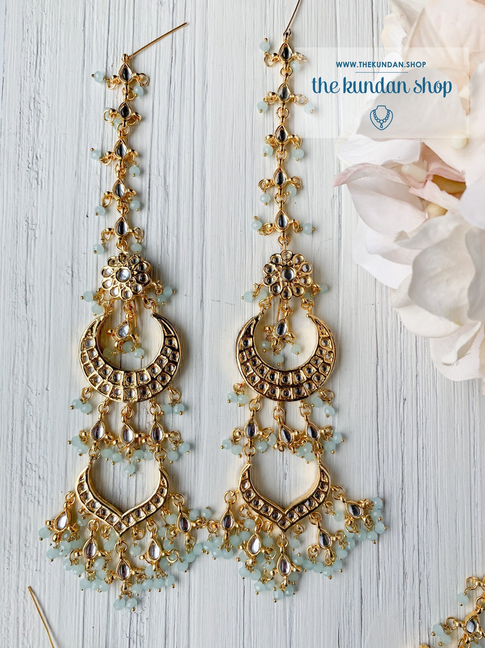Ornate in Pastel Blue Earrings + Tikka THE KUNDAN SHOP 