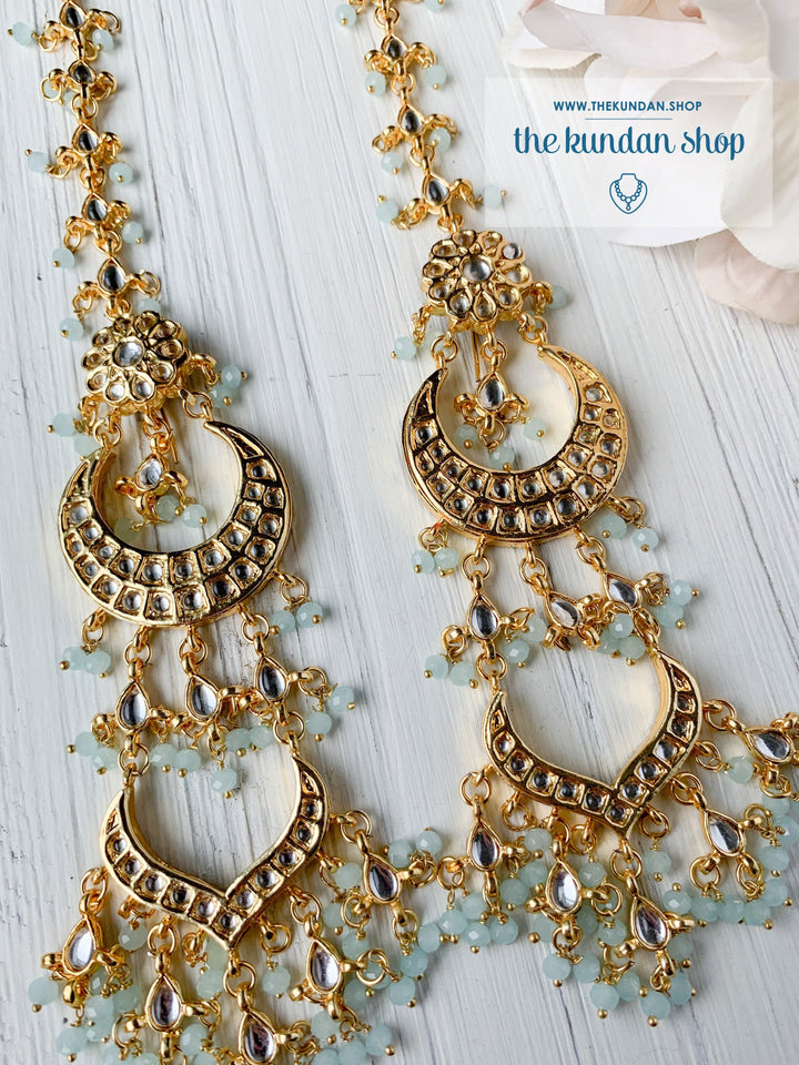 Ornate in Pastel Blue Earrings + Tikka THE KUNDAN SHOP 
