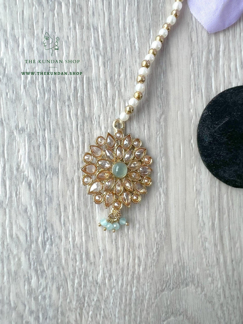 Misty Jhumkis in Pastel Earrings + Tikka THE KUNDAN SHOP 