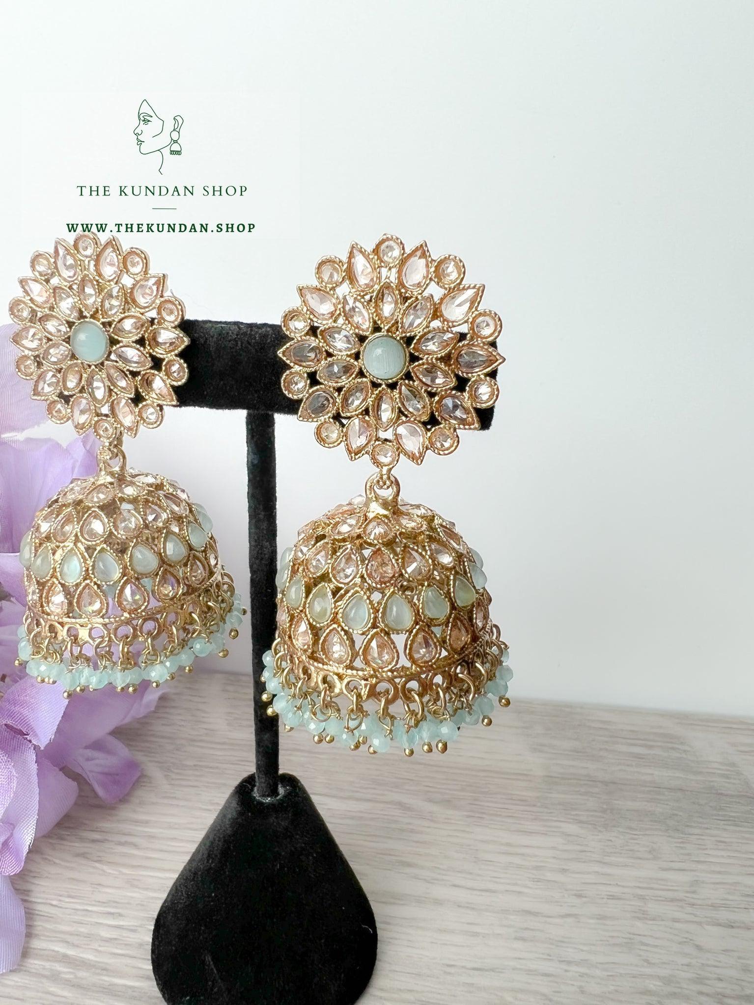 Misty Jhumkis in Pastel Earrings + Tikka THE KUNDAN SHOP 