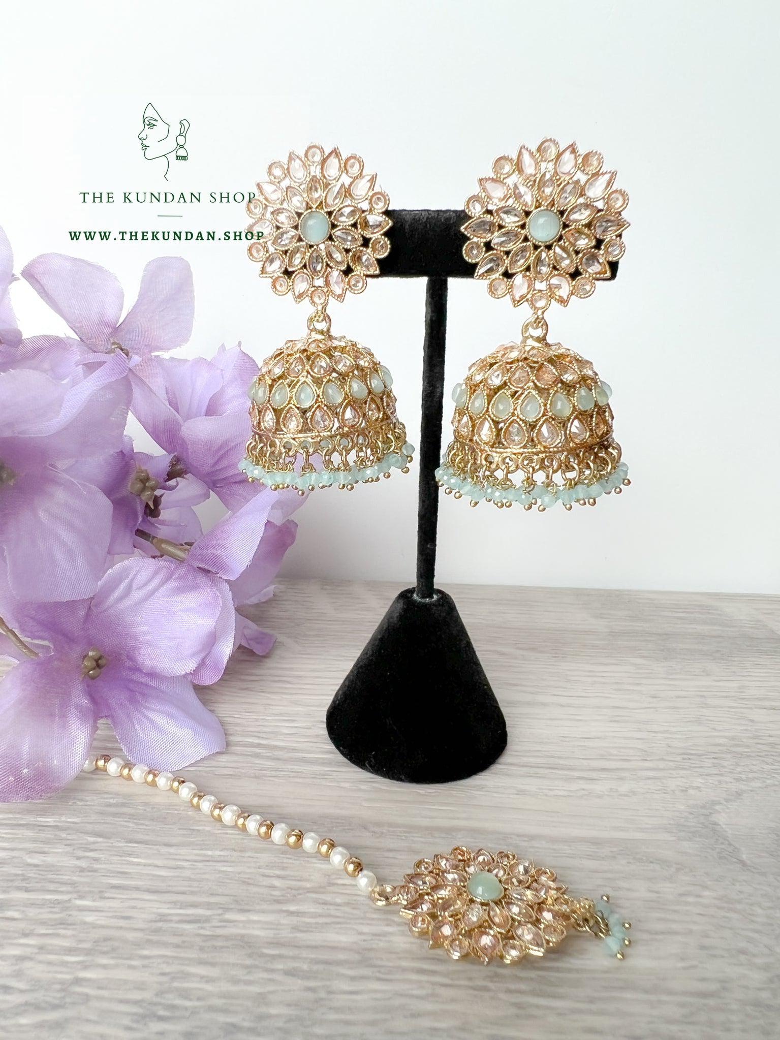 Misty Jhumkis in Pastel Earrings + Tikka THE KUNDAN SHOP 