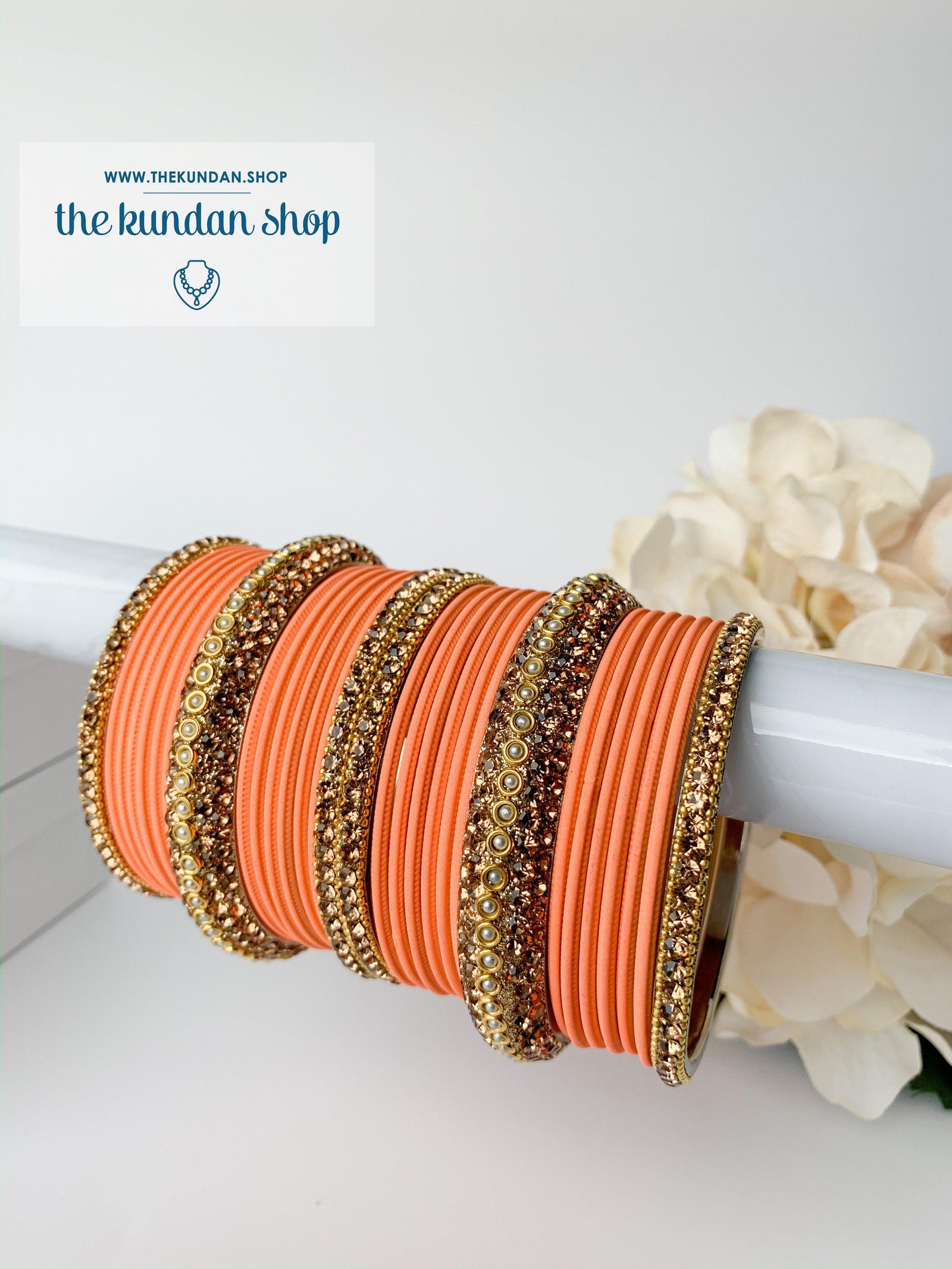 Rhinestone & Matte Peach Bangles, Bangles - THE KUNDAN SHOP