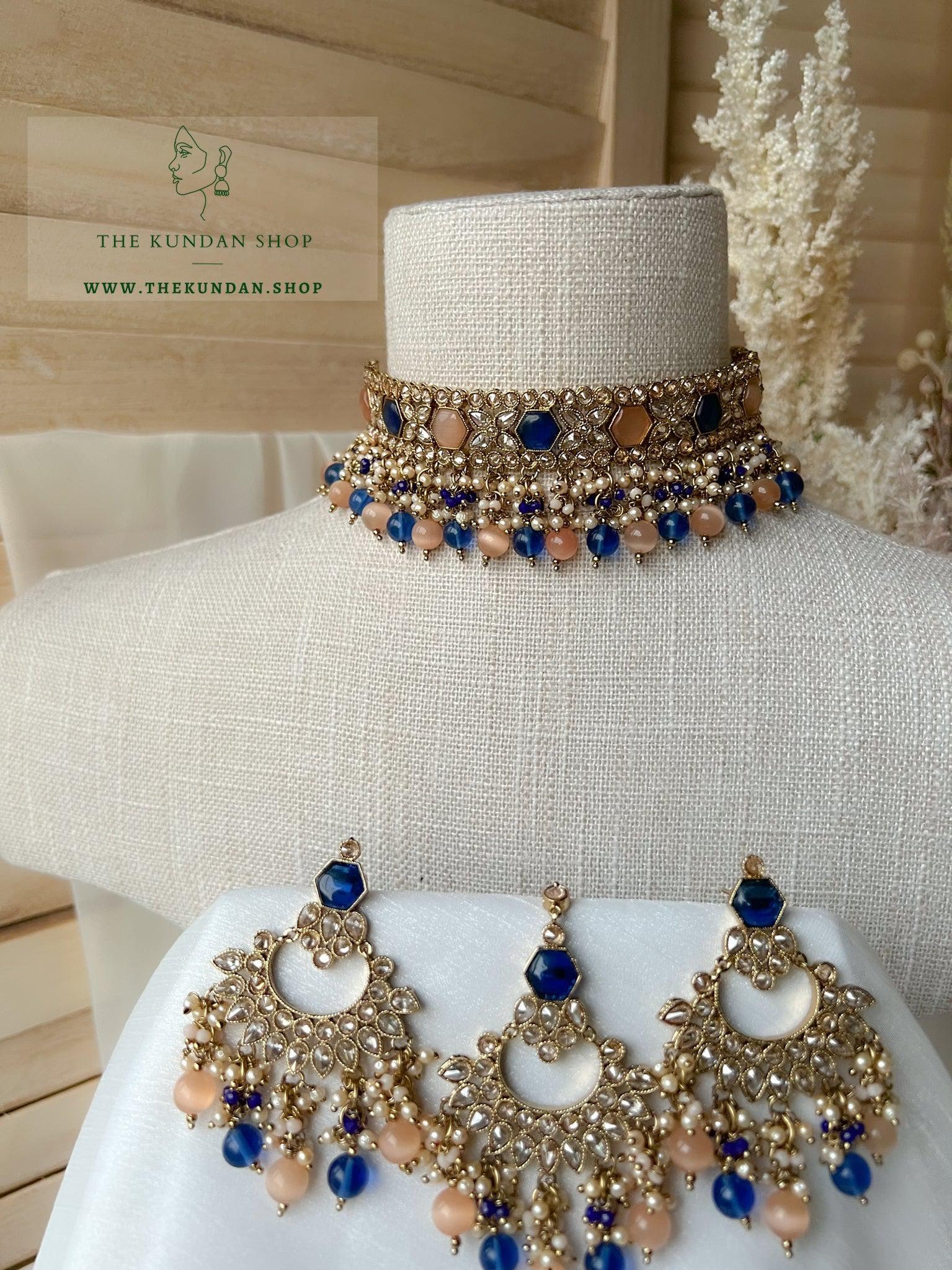 Embrace Polki in Midnight Blue & Peach Necklace Sets THE KUNDAN SHOP 