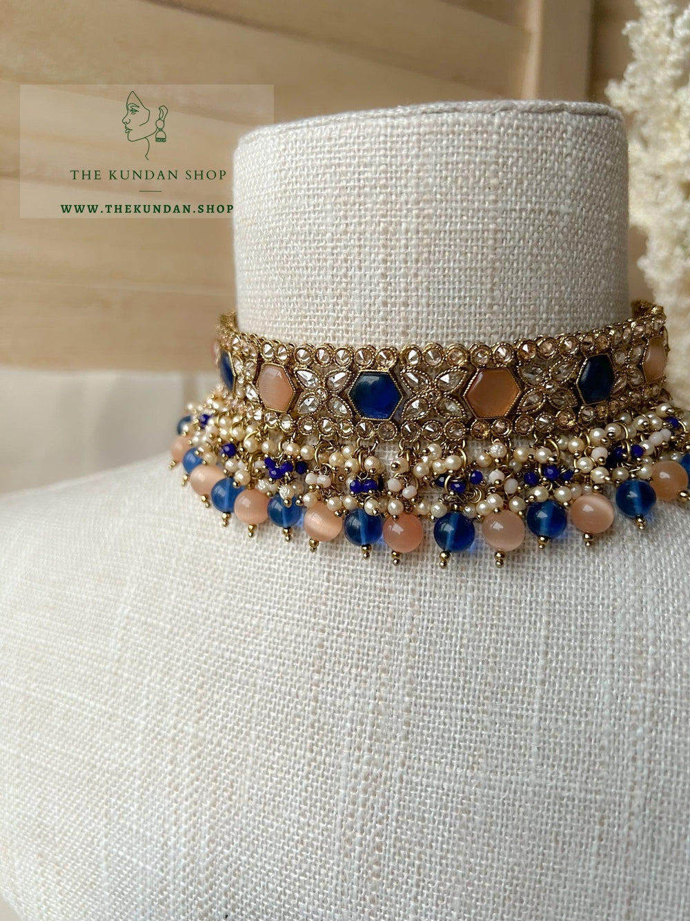 Embrace Polki in Midnight Blue & Peach Necklace Sets THE KUNDAN SHOP 