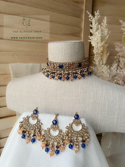 Embrace Polki in Midnight Blue & Peach Necklace Sets THE KUNDAN SHOP 