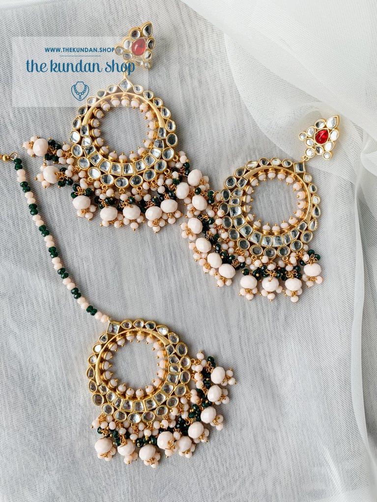 Aura in Peach & Dark Green Earrings + Tikka THE KUNDAN SHOP 
