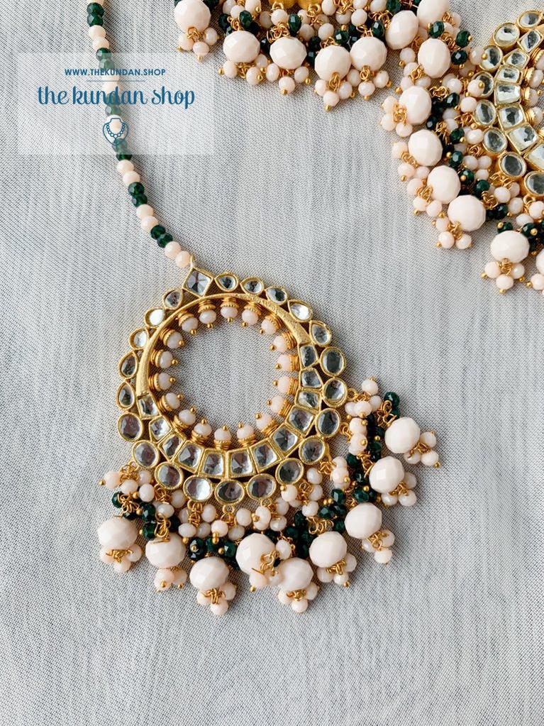 Aura in Peach & Dark Green Earrings + Tikka THE KUNDAN SHOP 