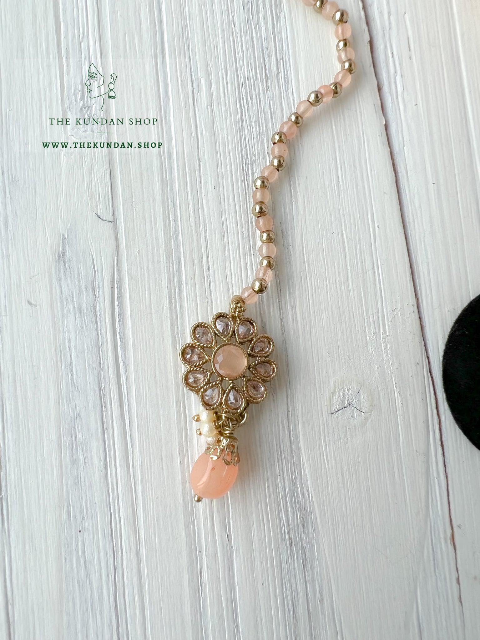 Finery Jhumkis in Peach Earrings + Tikka THE KUNDAN SHOP 
