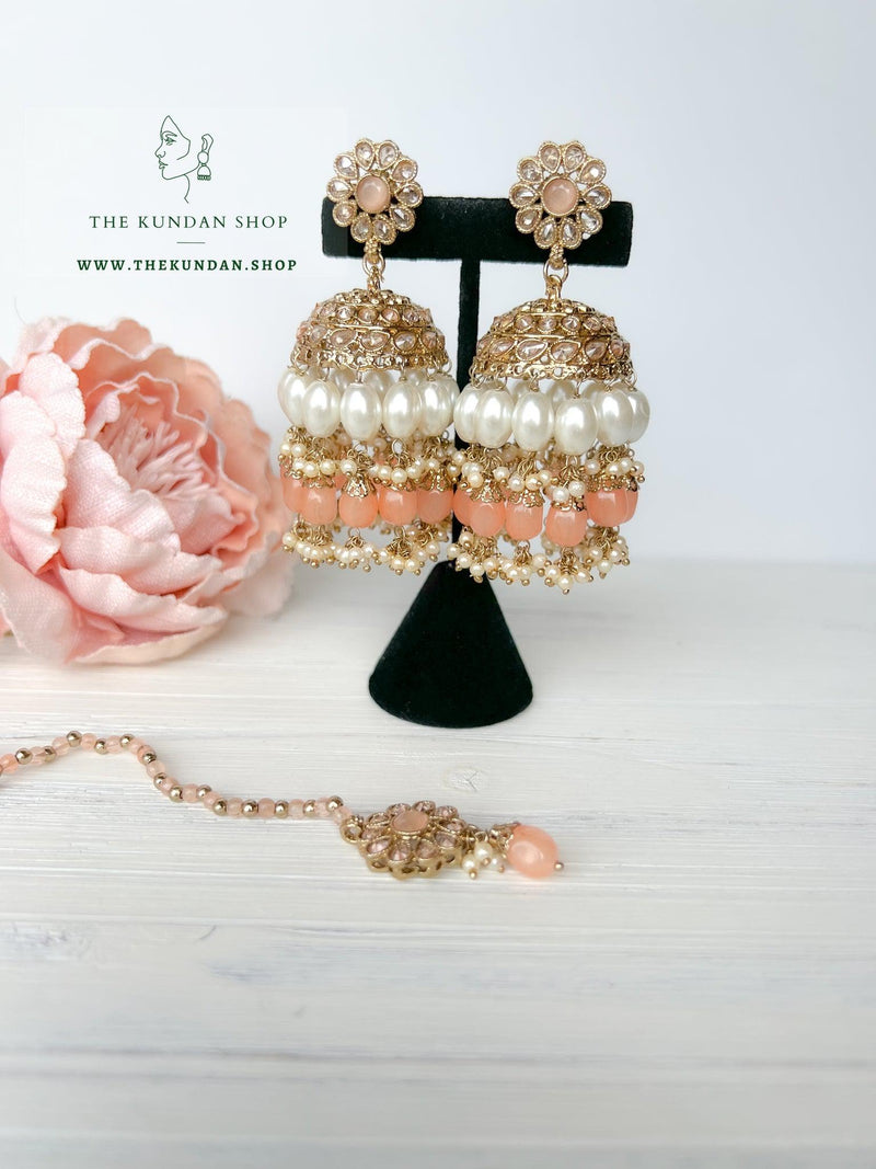 Finery Jhumkis in Peach Earrings + Tikka THE KUNDAN SHOP 