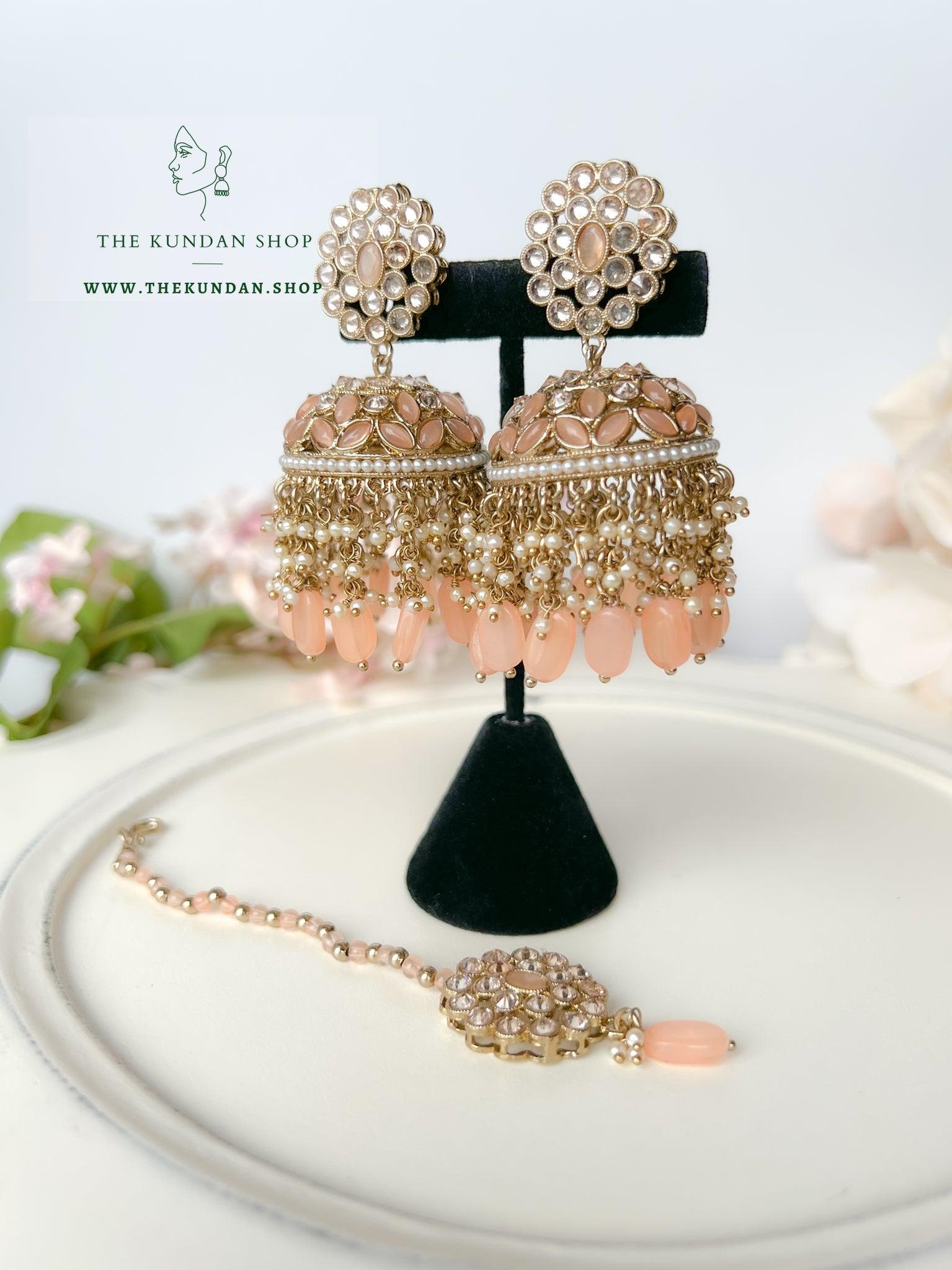 Jhumkis from Heaven in Peach Earrings + Tikka THE KUNDAN SHOP 