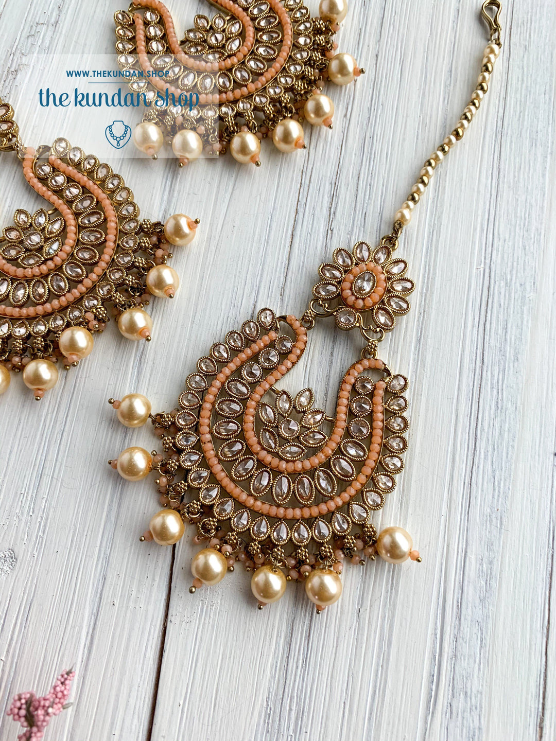 Light-Hearted in Peach Earrings + Tikka THE KUNDAN SHOP 