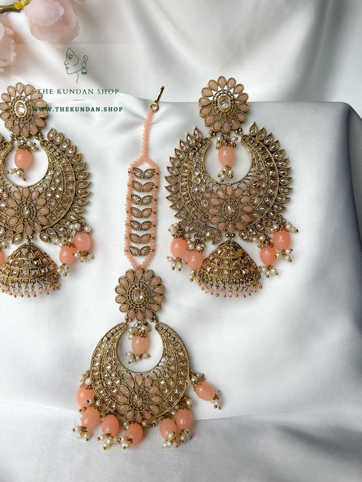 Chosen Polki in Peach Earrings + Tikka THE KUNDAN SHOP 