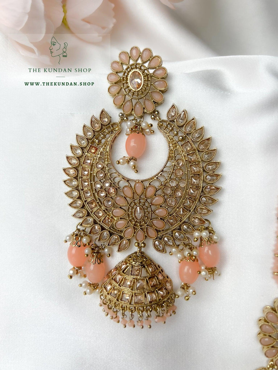 Chosen Polki in Peach Earrings + Tikka THE KUNDAN SHOP 