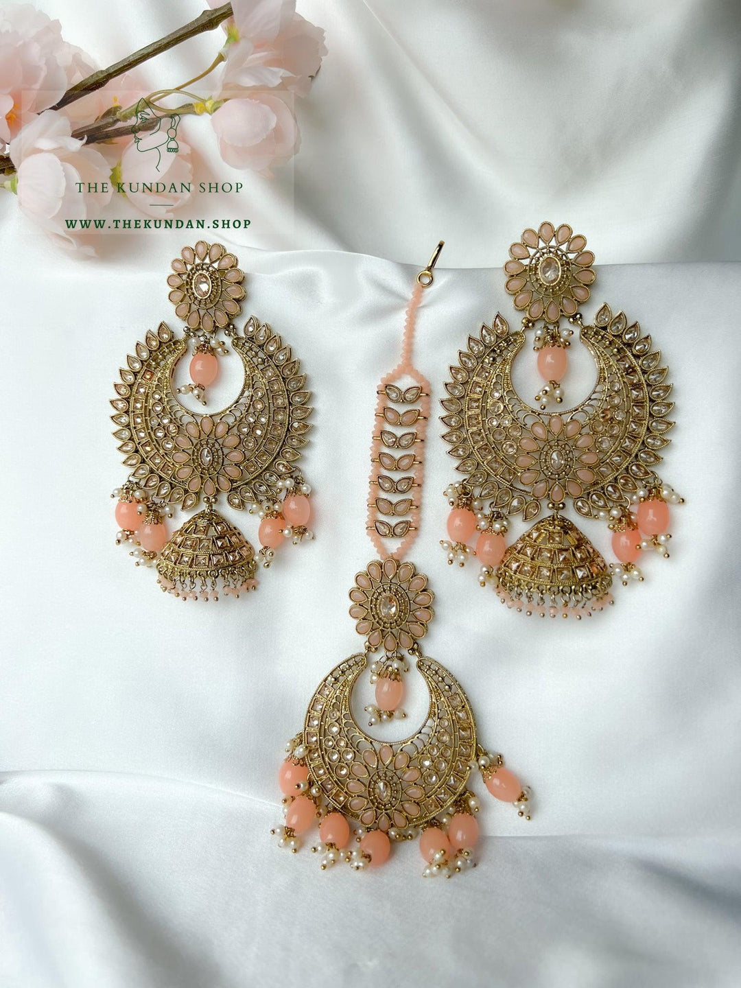 Chosen Polki in Peach Earrings + Tikka THE KUNDAN SHOP 