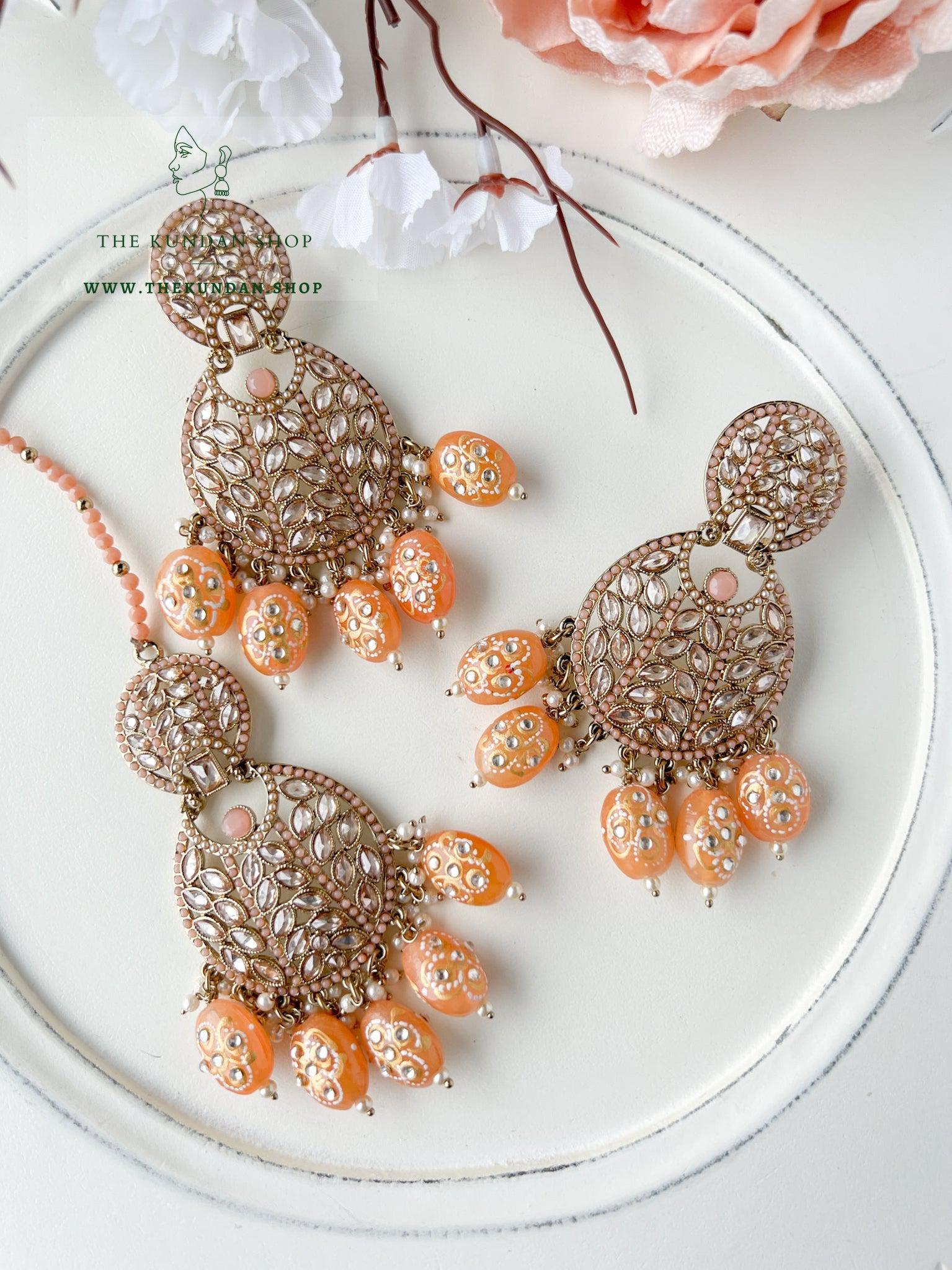 Whispers in Light Peach Earrings + Tikka THE KUNDAN SHOP 