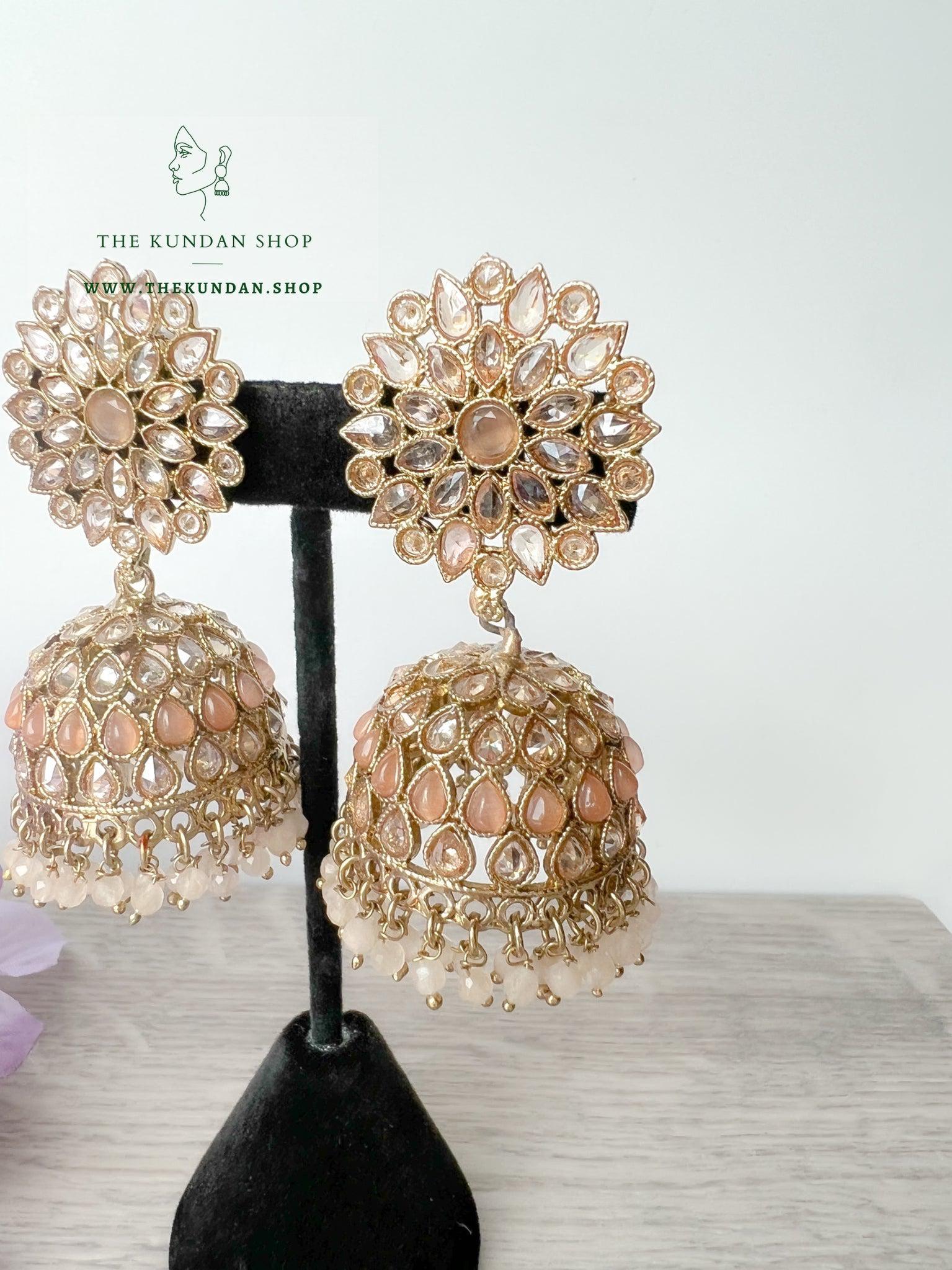 Misty Jhumkis in Peach Earrings + Tikka THE KUNDAN SHOP 