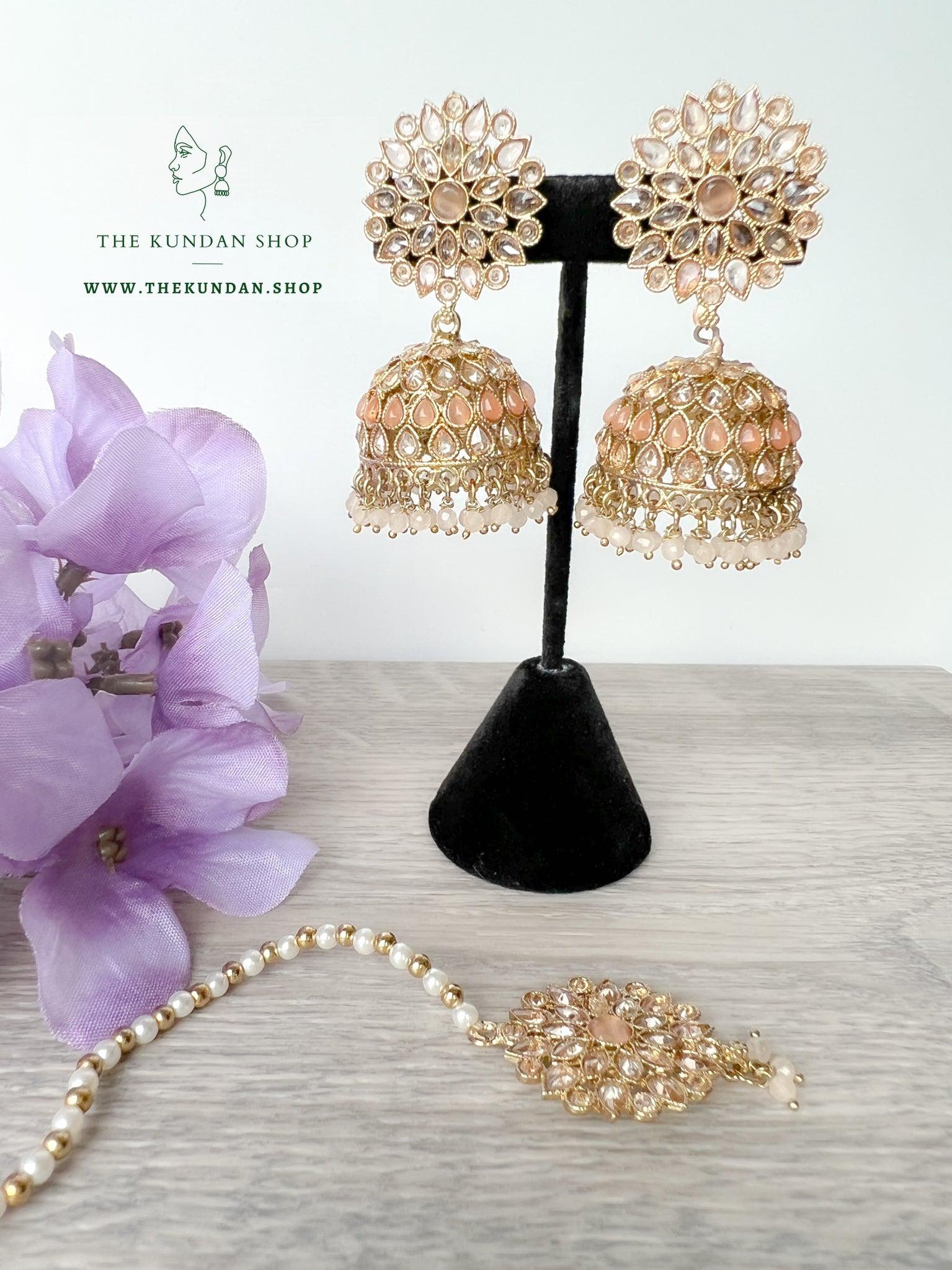 Misty Jhumkis in Peach Earrings + Tikka THE KUNDAN SHOP 